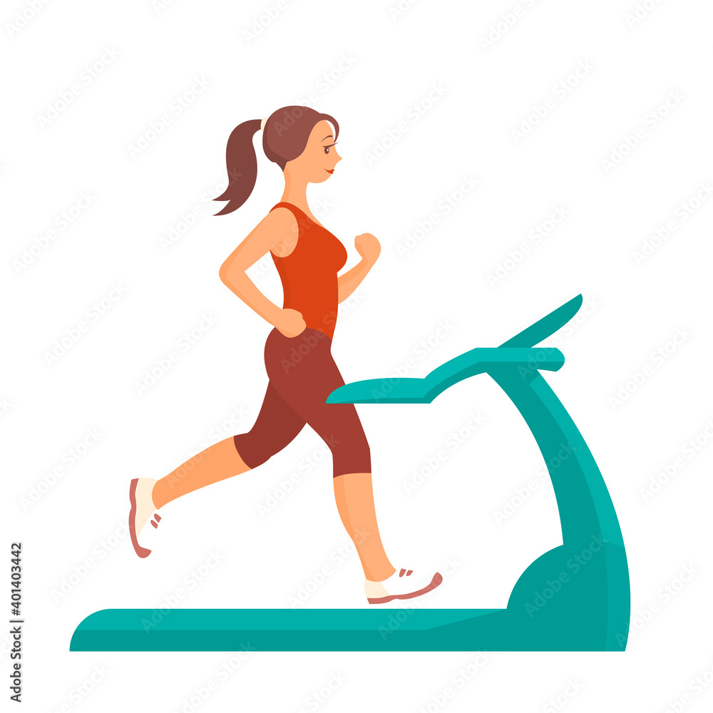 Fototapeta premium Young woman is exercising on a treadmill. Sports exercises at home. Vector isolated illustration.