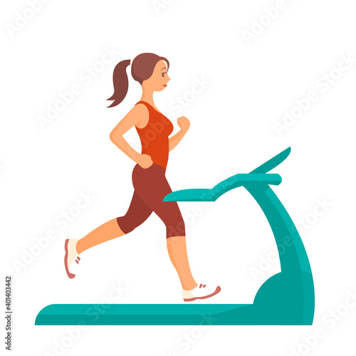 Young woman is exercising on a treadmill. Sports exercises at home. Vector isolated illustration.