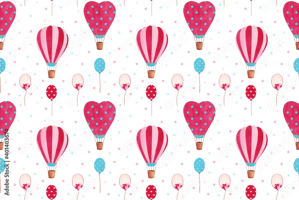 Watercolor pattern with hot air balloons, helium balloons and confetti on the white background