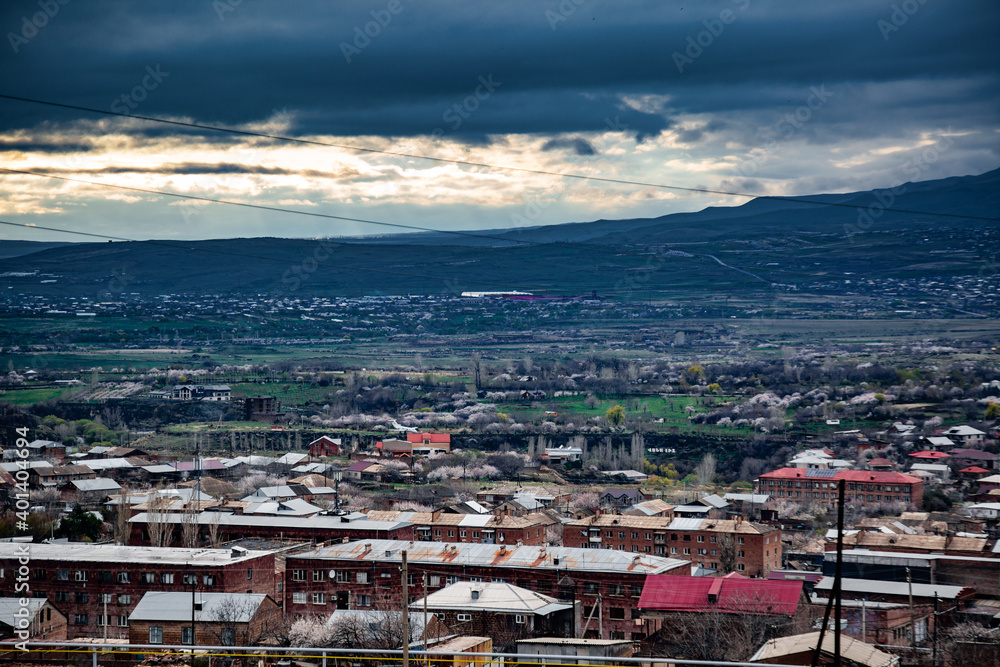 Dramatic high angle shot of Ashtarak town, Armenia in spring