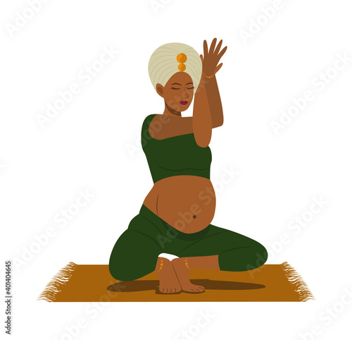 A pregnant girl in a block is engaged in yoga sits in a pose