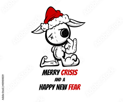 Merry Crisis and Happy New Fear joke for Christmas and happy new year greetings. Pop art comic text lettering. Crazy evil rabbit Santa bad character in black color sketch. Show gesture ok.