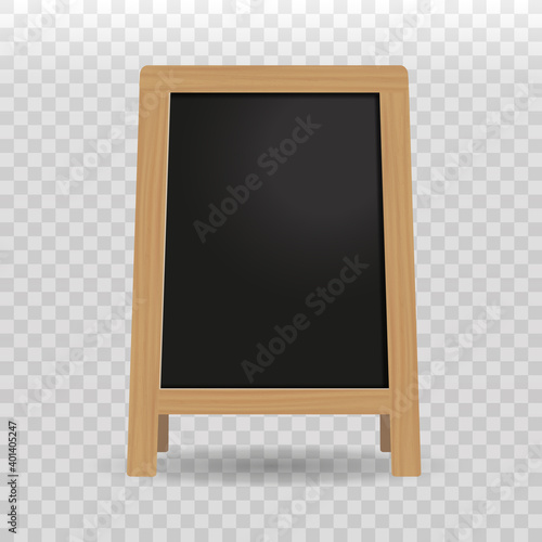 Street wooden black chalkboard. Mockup. Vector 3d realistic. Empty template with wooden frame isolated on transparent. Outdoor stand for advertising and presentation for cafes, restaurants, menus.