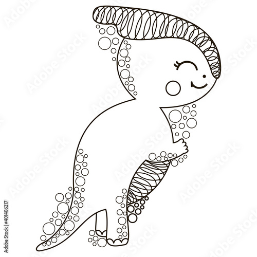 Cute black and white cartoon joyful parasaurolophus standing on its hind legs in profile. Outline herbivorous dinosaur. Isolated cheerful prehistoric animal for coloring book or page. Vector.