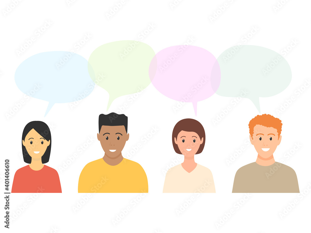 Communication of different people. Young men and women with speech bubbles. Discussion concept. Human chatting vector illustration. Communication of different people. Young men and women with speech bubbles. Discussion concept. Human chatting vector illustration.