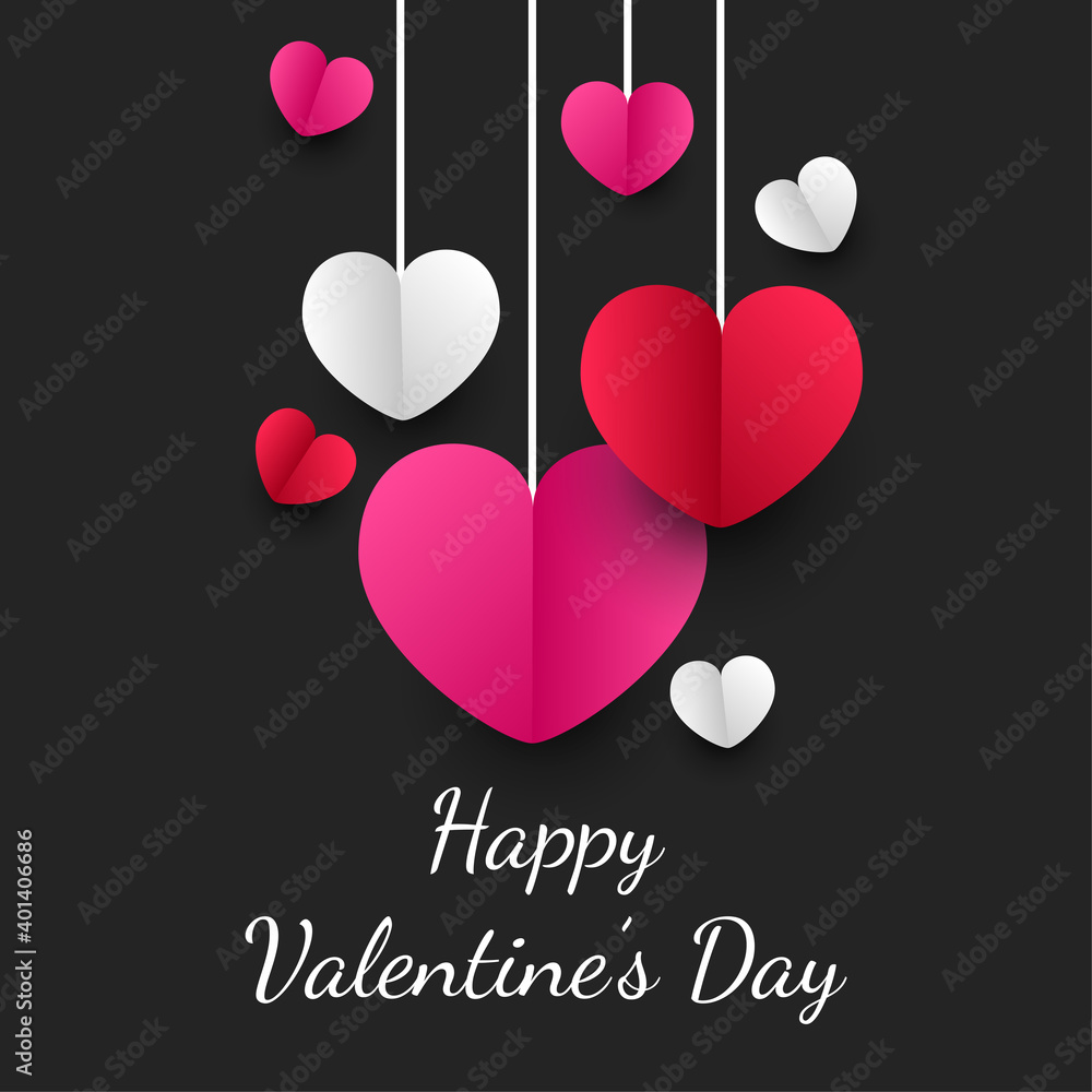 Happy valentines day paper cut style with colorful heart shape in black background Happy valentines day paper cut style with colorful heart shape in black background