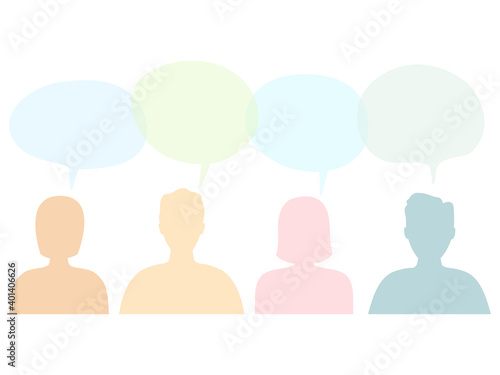 People with speech bubbles set silhouettes icons. Men and women body outline with colorful speech bubble vector illustration isolated on white. Human chatting and communication concept.