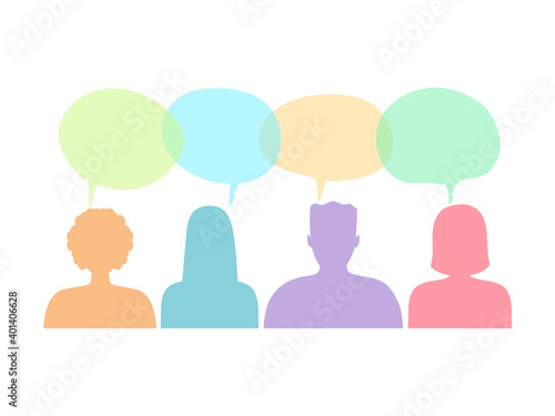 People with speech bubbles set silhouettes icons. Men and women body outline with colorful speech bubble vector illustration isolated on white. Human chatting and communication concept.