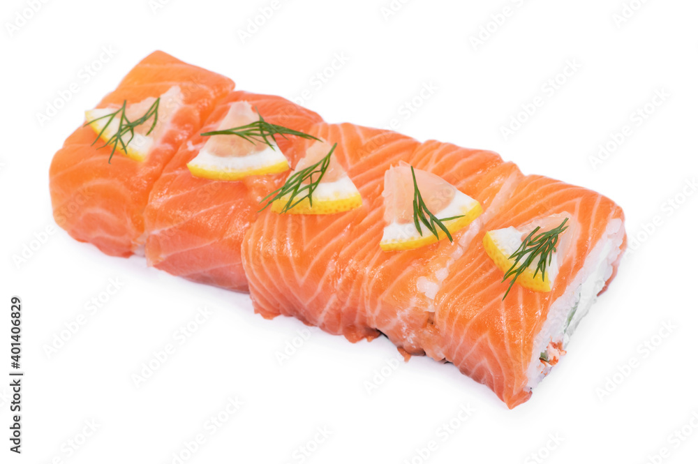 Group of sushi roll with red fish isolated over white Group of sushi roll with red fish isolated over white