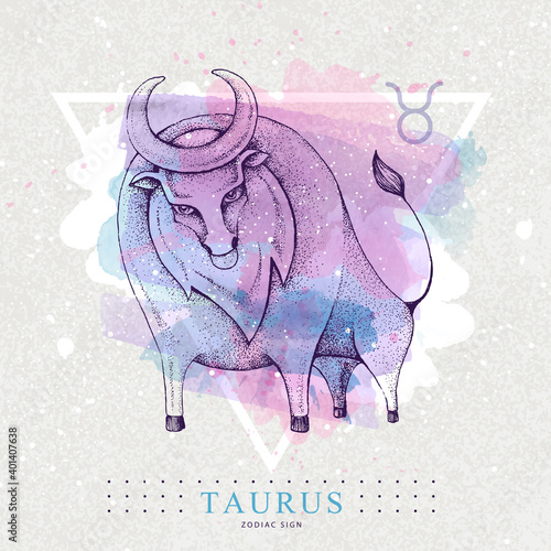 Modern magic witchcraft card with astrology Taurus zodiac sign on artistic watercolor background. Realistic hand drawing bull