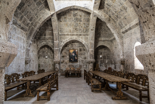 Haghartsin monastery in Tavush region of Armenia in the valley of Ijevan ridge. Refectory, interior
