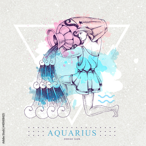 Modern magic witchcraft card with astrology Aquarius zodiac sign on artistic watercolor background. Realistic hand drawing men with water jug illustration.