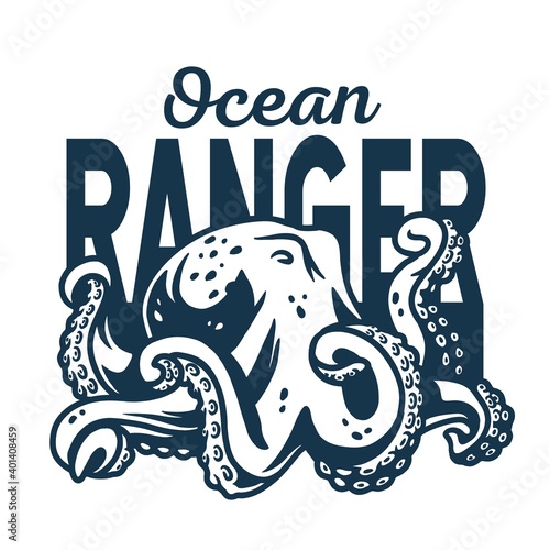 Marine octopus monster or kraken. Nautical wanderlust and adventure illustration. Ocean explorer