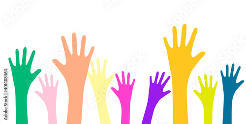 multicolored raised hands, palms up, many hands and symbol community, society, union, group, team