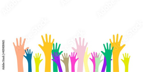 multicolored raised hands, community, society, union, group, team