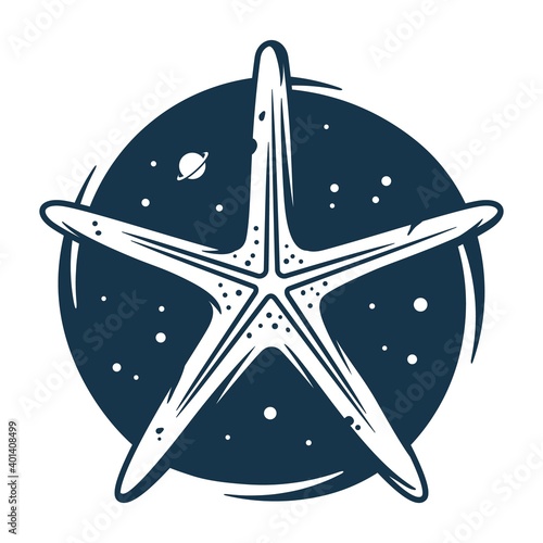 Marine starfish into starry sky space. Nautical wanderlust and adventure illustration. Ocean explorer print
