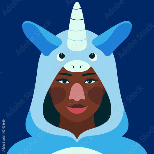 Portrait of a modern teenager. Young happy girl in pajamas. Social network profile avatar. Vector flat illustration. Full face view. Close-up of a woman's face. Cute young adult in a unicorn costume.