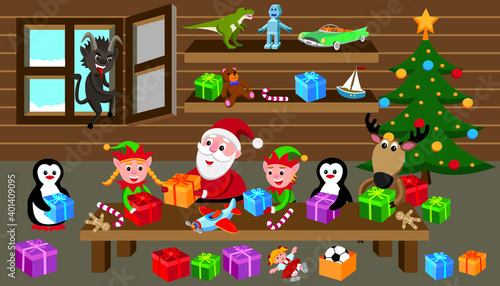 cartoon style vector illustration of santa's workshop