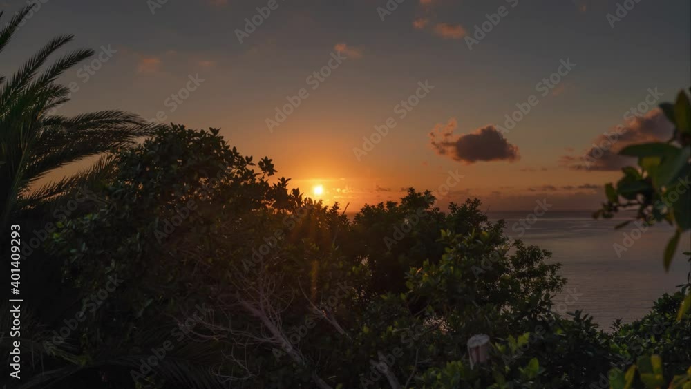 Timelapse of a beautiful sunset over the ocean, green bushes in the foreground Timelapse of a beautiful sunset over the ocean, green bushes in the foreground