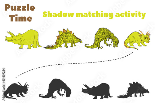 Fototapeta Naklejka Na Ścianę i Meble -  Find the correct shadow. Colorful vector illustration of dinosaurs.