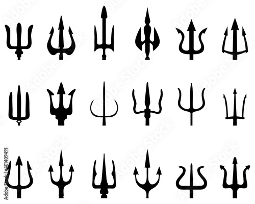 Set of tridents, black silhouettes on a white background	