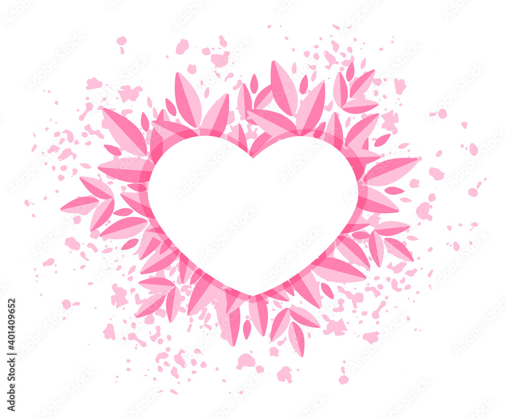 Heart frame for Valentine's Day card or template for wedding invitation. Pink leaves, heart, texture. Vector illustration isolated on white background.