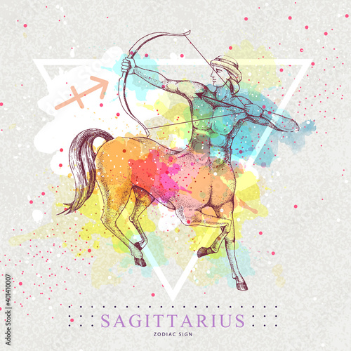 Modern magic witchcraft card with astrology Sagittarius zodiac sign on artistic watercolor background. Realistic hand drawing centaur with Bow and arrow.
