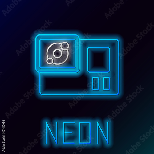 Glowing neon line Action extreme camera icon isolated on black background. Video camera equipment for filming extreme sports. Colorful outline concept. Vector.