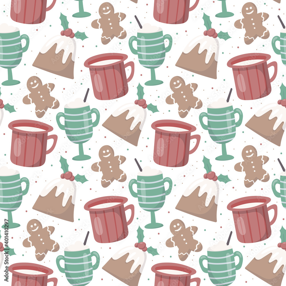 Vector seamless christmas pattern. Cozy warm atmosphere. Cups and mugs with warm drinks like tea, coffee or cocoa. Delicious holly muffins and gingerbread. Decoration for background or wrapping paper. Vector seamless christmas pattern. Cozy warm atmosphere. Cups and mugs with warm drinks like tea, coffee or cocoa. Delicious holly muffins and gingerbread. Decoration for background or wrapping paper.