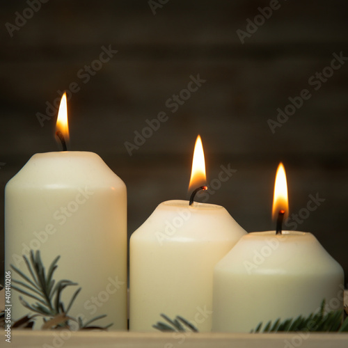 Wooden box christmas centerpiece. Simple and small home decoration with candles in wooden box. 