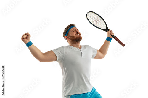 Excited. Highly tensioned game. Funny emotions of professional tennis player isolated on white studio background. Excitement in game, human emotions, facial expression and passion with sport concept. © master1305