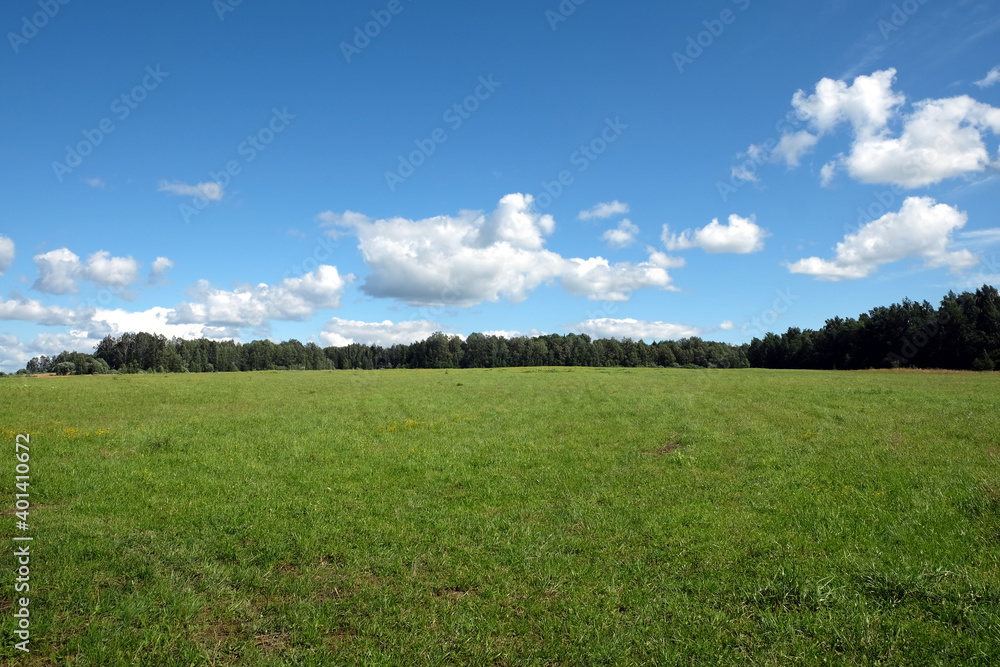 Beautiful countryside landscape with large green field and deciduous forest at far under white clouds on blue sky in the hot summer day Beautiful countryside landscape with large green field and deciduous forest at far under white clouds on blue sky in the hot summer day