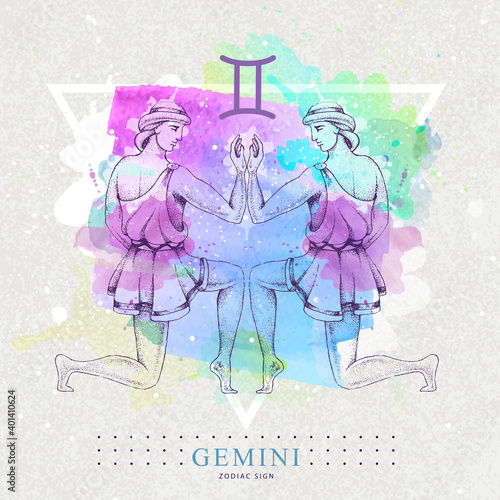 Modern magic witchcraft card with astrology Gemini zodiac sign on artistic watercolor background. Realistic hand drawing men figure illustration.