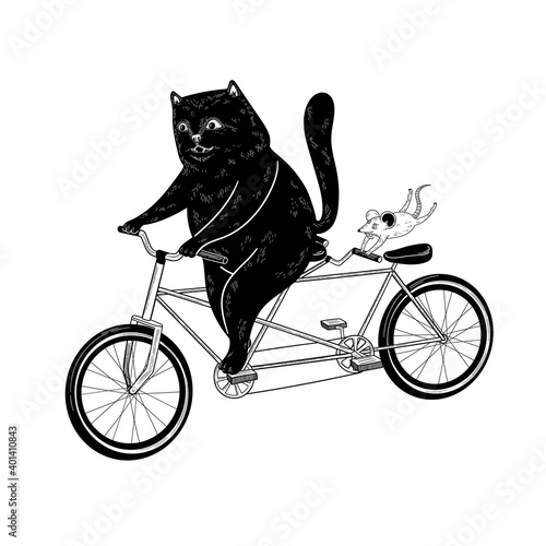 Cat and mouse ride a Bicycle.  Funny vector illustration for card, poster, print.