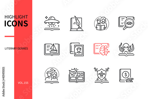 Literary genres - line design style icons set