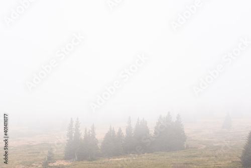 Minimalistic mist foggy mountain landscape with autumn rocky peaks in rainy weather in Vitosha, Sofia, Bulgaria © Valentin