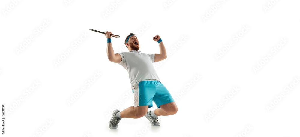 Flyer. Highly tensioned game. Funny emotions of professional tennis player isolated on white studio background. Excitement in game, human emotions, facial expression and passion with sport concept.