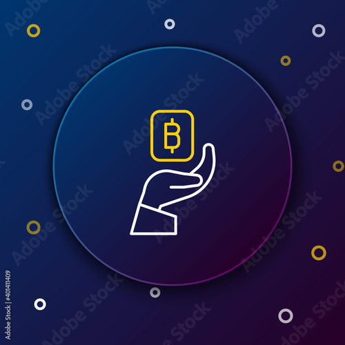 Line Hand holding Bitcoin icon isolated on blue background. Blockchain technology, digital money market, cryptocoin wallet. Colorful outline concept. Vector.