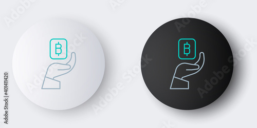 Line Hand holding Bitcoin icon isolated on grey background. Blockchain technology, digital money market, cryptocoin wallet. Colorful outline concept. Vector.