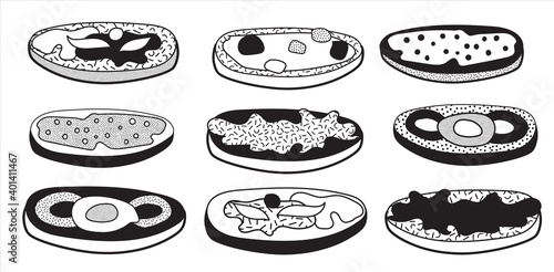 Doodle cartoon hipster style vector illustration. A set of bruschetta tapas canape appetizers with vegetables, sauce, salmon. Bar restaurant menu ads, card, farmers market food decor, website design.