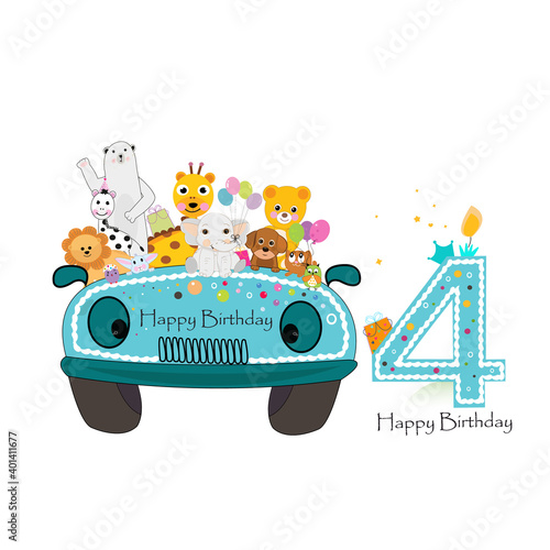 Fourth birthday. Car with cute animals background. Birthday greeting card, party, t-shirt design vector