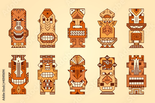 Vector Set of Tribal Polynesian Tiki Masks. Hand Drawn Doodle Hawaiian Totem Idol Carved Masks statue. Religious or Ethnic design elements. Ritual symbols.
