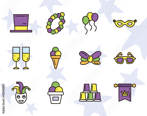 mardi gras icon set vector design