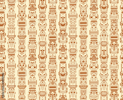 Vector Seamless pattern of Tribal Polynesian Tiki Masks. Hand Drawn Doodle Hawaiian Totem Idol Carved Religious Masks statue. Ethnic symbols background
