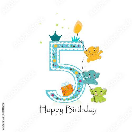 Happy fifth birthday candle with elephants baby boy greeting card vector