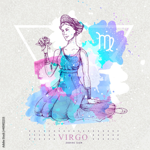 Modern magic witchcraft card with astrology Virgo zodiac sign on artistic watercolor background. Realistic hand drawing woman head.