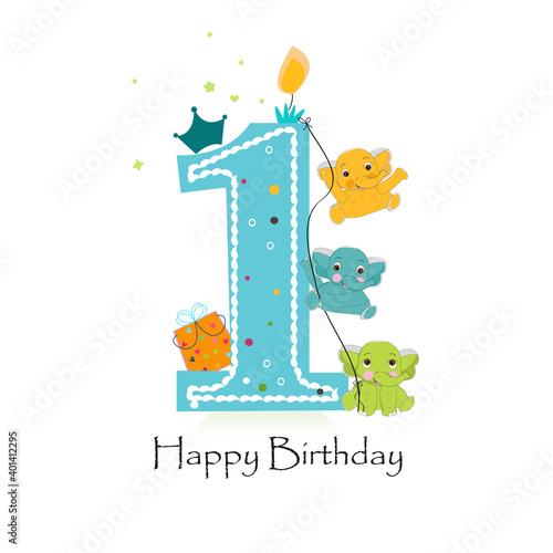 Happy first birthday candle with elephants baby boy greeting card vector
