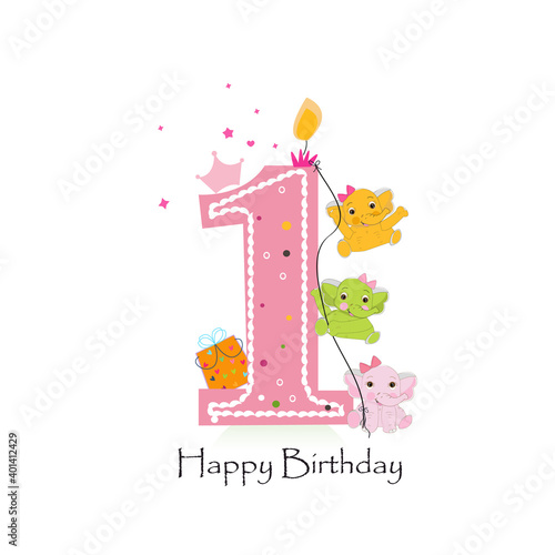 Happy first birthday candle with elephants baby girl greeting card vector
