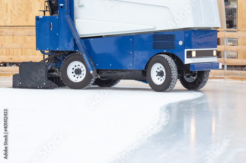 special machine for cleaning ice on an ice rink at work. Transport industry