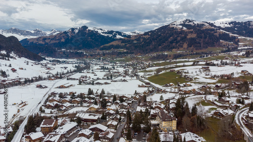 The famous snow-capped village of Gstaad, Switzerland. 